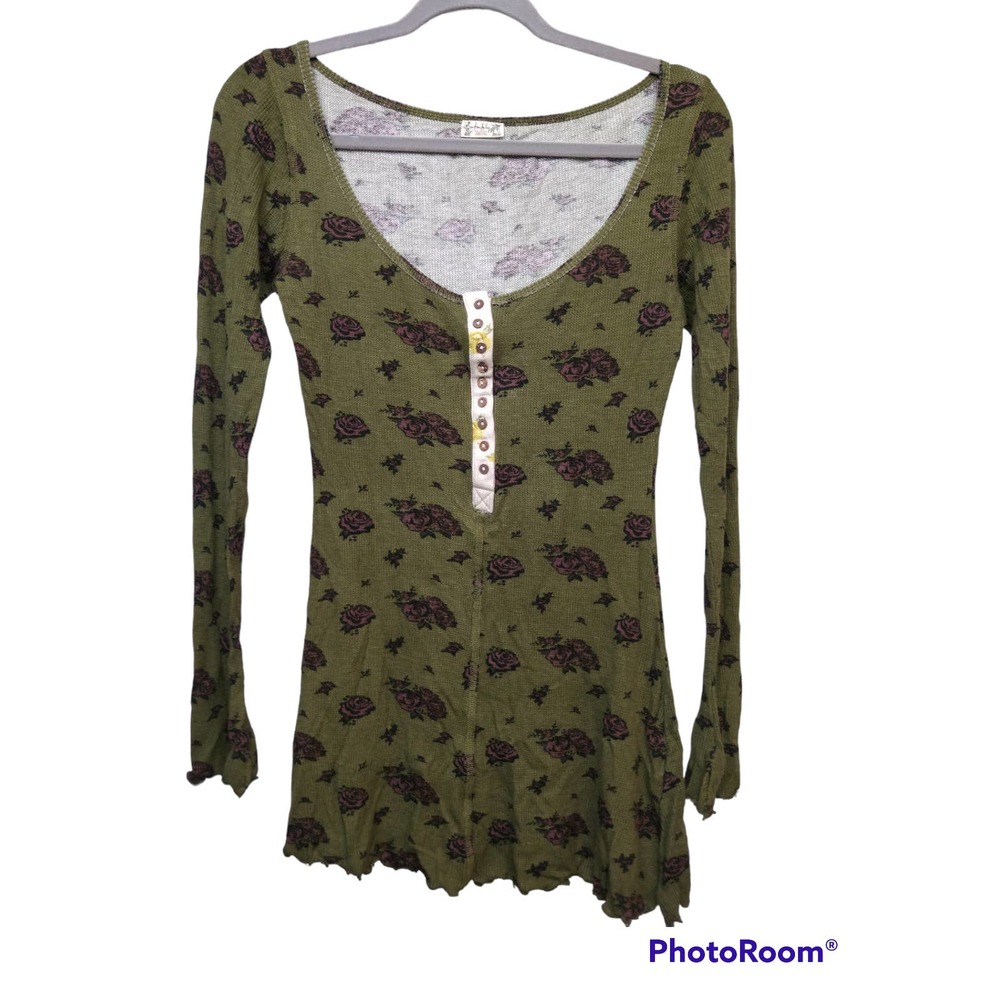 Intimately Free People Sz XS Short Sleepshirt Waffle Thermal Green Floral